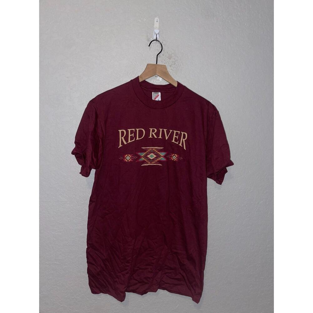 Vintage Red River Shirt Native American Tee Graphic Red Jerzees VTG 90s Large